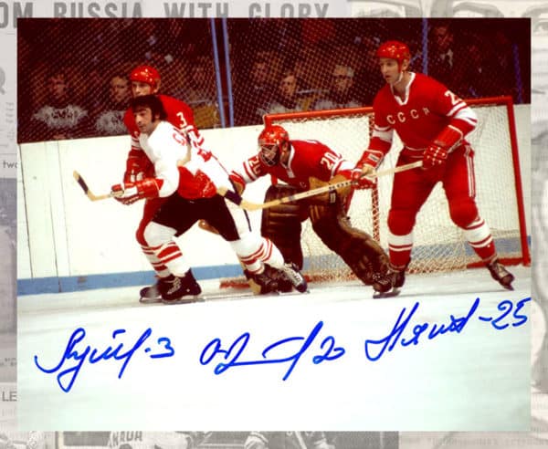 Vladislav Tretiak, Yuri Lyapkin, Vladimir Lutchenko USSR Triple Autographed 8x10