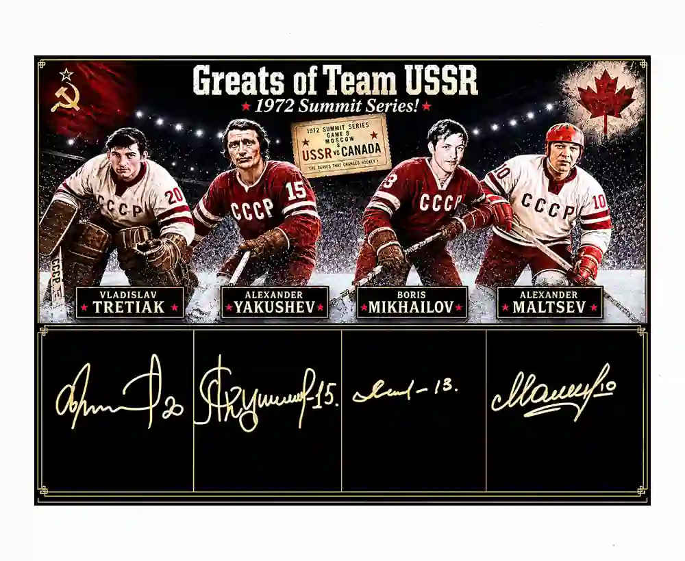 1972 Summit Series Team USSR Legends Tretiak, Yakushev, Mikhailov & Maltsev Quad Signed 16x20